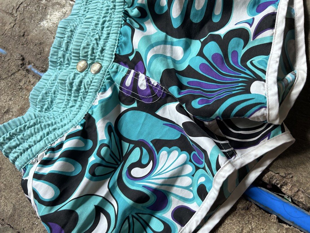 swim shorts (Category: Shorts) located in Manila. Submitted by lovely.453 (Listing ID 1470383642, Image 2). Description: - Floral pattern in turquoise blue, black, and purple size 24-28 - Wide smocked waistband with two front metal buttons - Stylish white trim along hems and sides - Lightweight fabric and short length for ultimate comfort.