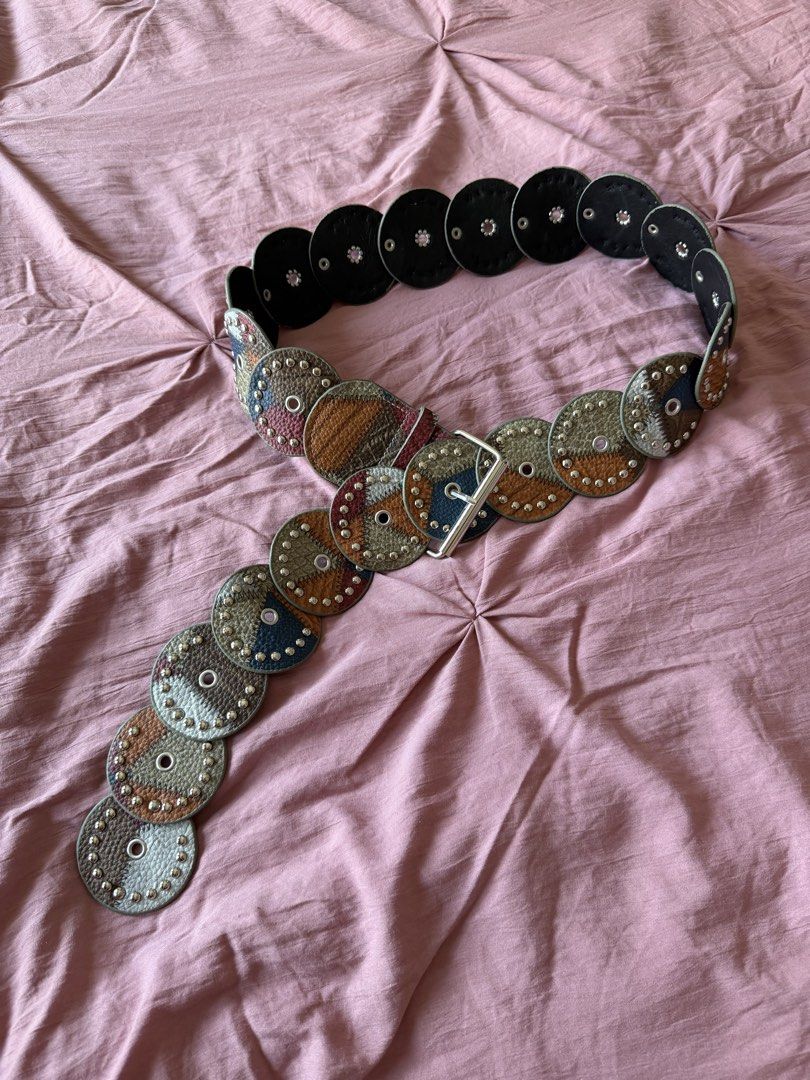 boho patchwork disc belt (Category: Belts) located in Manila. Submitted by _____car0usell (Listing ID 1470393495, Image 1). Description: - unique statement belt made of connected circular discs - colorful patchwork leather with metallic stud details - well-constructed and eye-catching accessory - y2k style, beach wear - no issues.