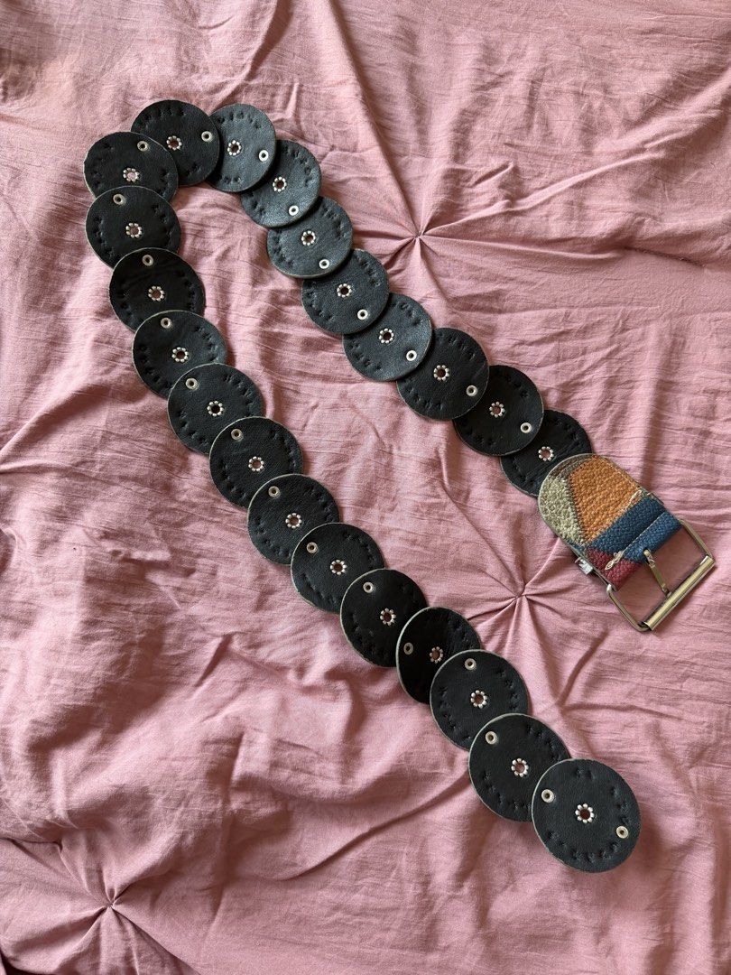 boho patchwork disc belt (Category: Belts) located in Manila. Submitted by _____car0usell (Listing ID 1470393495, Image 3). Description: - unique statement belt made of connected circular discs - colorful patchwork leather with metallic stud details - well-constructed and eye-catching accessory - y2k style, beach wear - no issues.