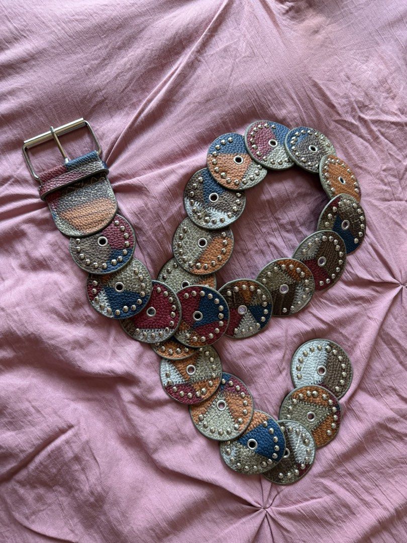 boho patchwork disc belt (Category: Belts) located in Manila. Submitted by _____car0usell (Listing ID 1470393495, Image 2). Description: - unique statement belt made of connected circular discs - colorful patchwork leather with metallic stud details - well-constructed and eye-catching accessory - y2k style, beach wear - no issues.
