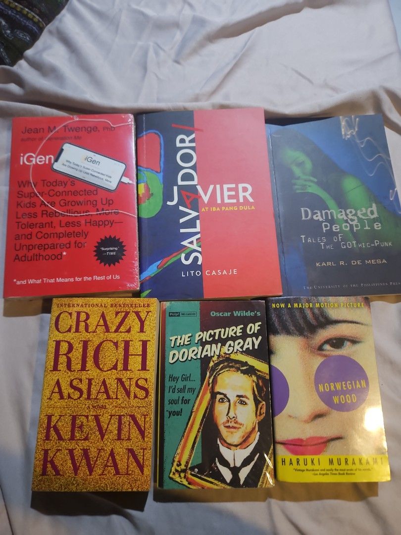 Books 150 below (Category: Storybooks) located in Manila. Submitted by elliaaa_ (Listing ID 1470465068, Image 1). Description: A) iGen - 45 B) Salvador/Javier at Iba Pang Mga Dula - 75 C) Damaged People: Tales of the Gothic-Punk - 30 D) Crazy Rich Asians - 130 E) The Picture of Dorian Gray - 45 F) Norwegian Wood - 150 Take All for 400.