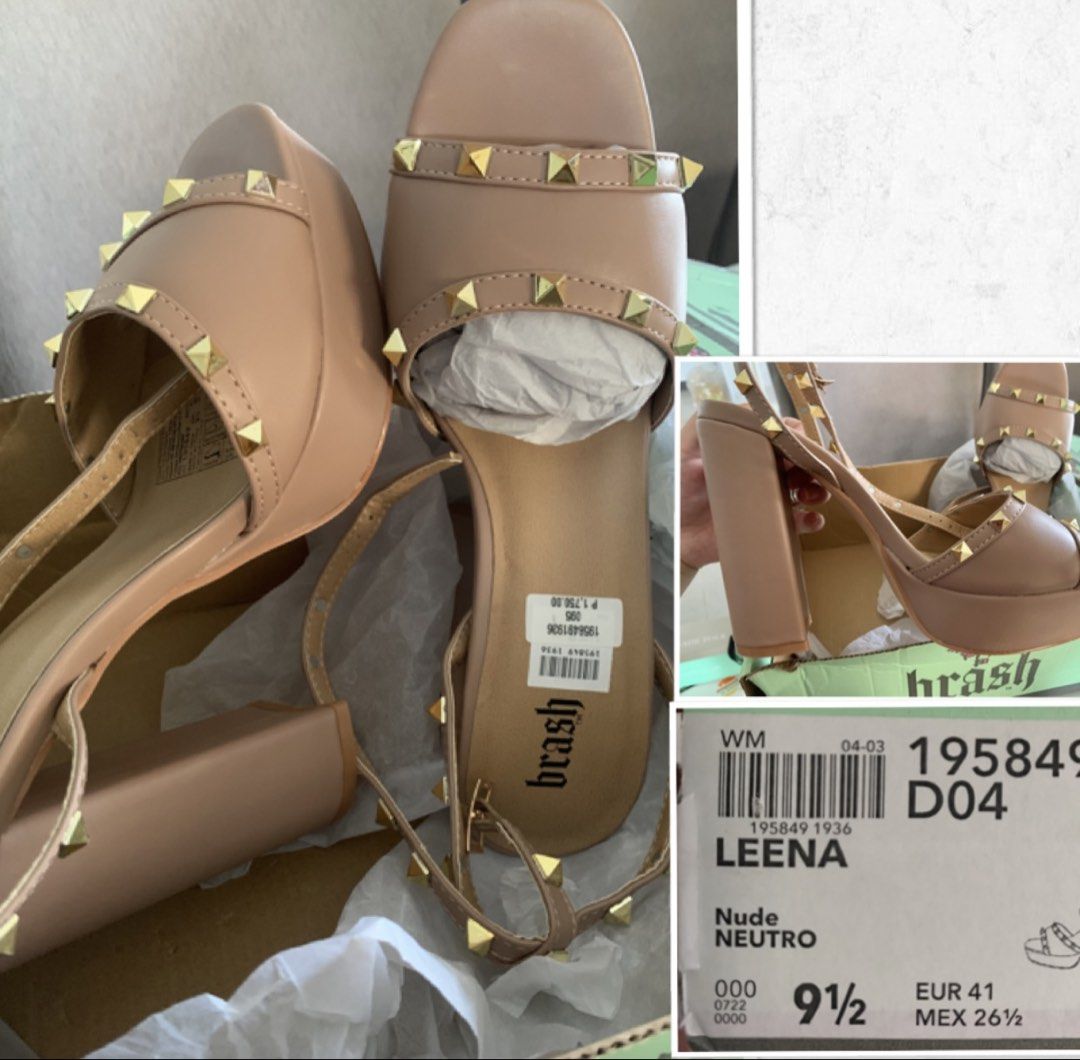 Brash Leena Nude Studded Platform Heels Size 9.5 (Category: Heels) located in Laoag. Submitted by maepril (Listing ID 1470520890, Image 1). Description: - Brand: Brash Leena - Style: Nude heels with gold pyramid studs, chunky block heel, platform front, and ankle strap with buckle closure - Size: 9.5 US / 41 EUR - Condition: Unworn, clean soles, and pristine uppers - Inclusion: Original box with tissue paper included Location: Laoag City Courier:
