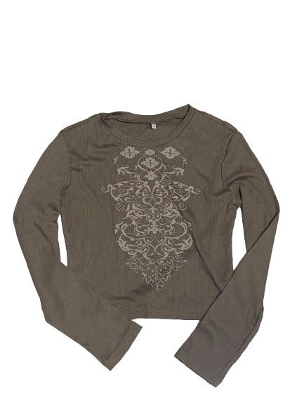 brown embroidery longsleeves alt emo 2000s style (Category: Longsleeves) located in Manila. Submitted by swanlike (Listing ID 1470490430, Image 1). Description: 15 x 18 ₱300 + SF MOP: gcash.