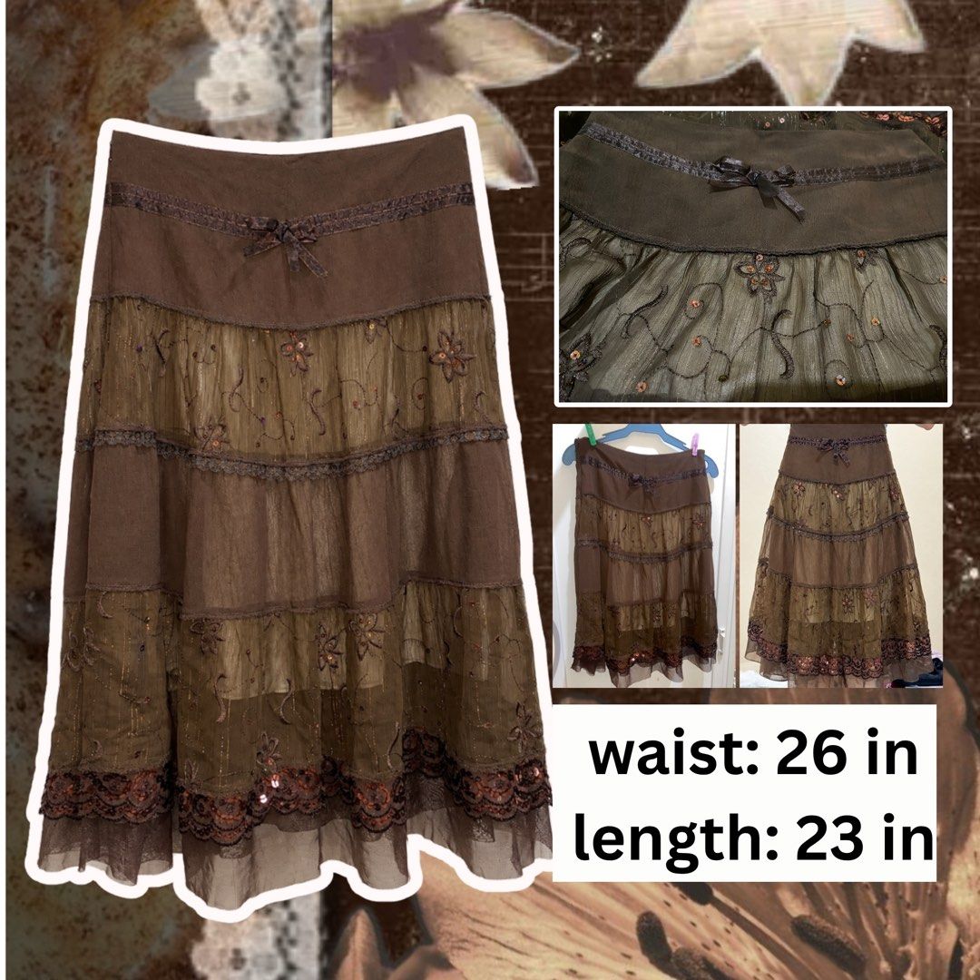 Brown Lace-Embroidered Sequin Tiered Skirt (Category: Skirts) located in Manila. Submitted by pchyomi (Listing ID 1470460366, Image 1). Description: no issue.