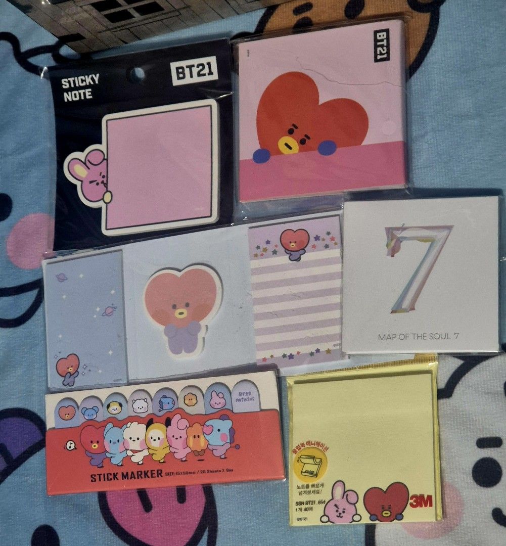 BT21 Sticky Notes and Stick Markers bundle (Category: Stationery & School Supplies) located in Makati City. Submitted by neri_11 (Listing ID 1470455873, Image 2). Description: - Authentic BT21 sticky notes and stick markers bundle featuring favorite characters like Tata and Cooky - Includes multiple adorable designs across various packs - Comes with a special Map of the Soul 7 memo pad and a reliable 3M branded sticky note pad - Condition: Brand 