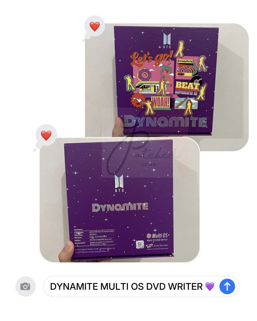 BTS DYNAMITE MULTI OS DVD WRITER (Category: K-Wave Merchandise) located in Las Pinas. Submitted by patchedph (Listing ID 1470399872, Image 1). Description: 💜 ONHAND BTS DYNAMITE MULTI OS DVD WRITER 💜 ₱1799 + LSF MOP: GCASH/BDO MOD: Gogoxpress/ Same Day Delivery #btsmerch #btsmerchph #btsmerchphilippines.