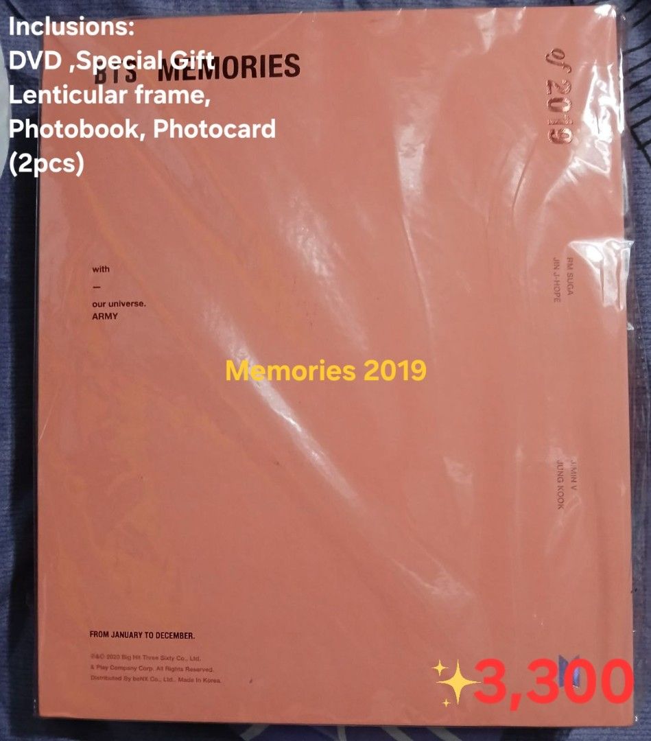 BTS Memories of 2019 (Category: K-Wave Merchandise) located in Manila. Submitted by arapark.13 (Listing ID 1460084768, Image 1). Description: UNSEALED NEVER PLAYED Inclusions: DVD Special Gift Lenticular frame Photobook Photocard (2pcs) PAYO (Pay as you order) MOP: GCash/Bank Transfer.