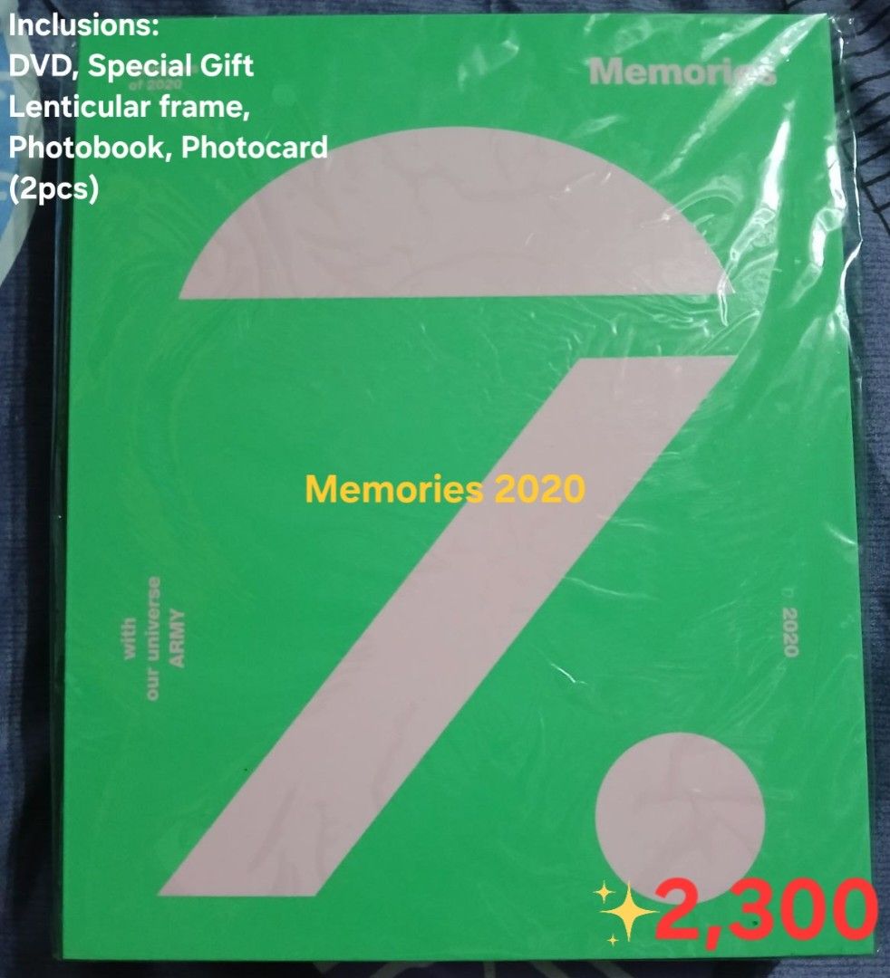 BTS Memories of 2020 (Category: K-Wave Merchandise) located in Manila. Submitted by arapark.13 (Listing ID 1460084766, Image 1). Description: UNSEALED NEVER PLAYED Inclusions: DVD Special Gift Lenticular frame Photobook Photocard (2pcs) PAYO (Pay as you order) MOP: GCash/Bank Transfer.