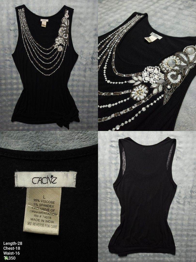 Cache Black Beaded Scoop Neck Tank Top Size L (Category: Sleeveless) located in Floridablanca. Submitted by vintager12 (Listing ID 1470403162, Image 1). Description: - Brand: Cache - Color: Black - Size: Large - Material: 95% Viscose, 5% Spandex - Neckline: Scoop neck with layered beaded rows - Design: Floral rhinestone appliqué on the left shoulder - Style: Sleeveless with a gathered side knot detail at the hem - Care Instructions: Hand wash rec