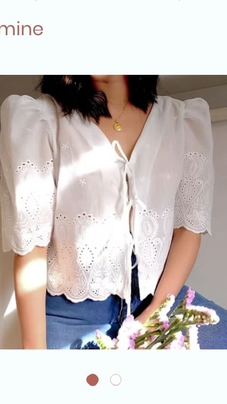 Callelily White Eyelet Linen Tie-Front Crop Top (Worn Once) (Category: Others Tops) located in Quezon City. Submitted by ingga_preloved (Listing ID 1470350608, Image 1). Description: Selling this gorgeous, authentic Callelily white eyelet linen crop top! ✨ Only worn once for a quick photo/event, so it’s still in pristine, like-new condition with absolutely no stains, holes, or frayed threads. Perfect for beach trips, brunch dates, or casual boho-