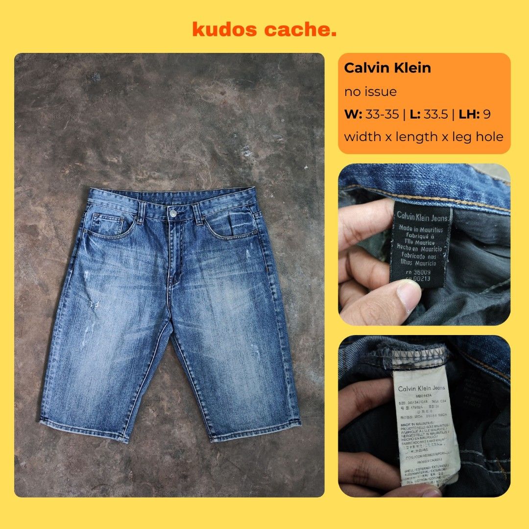 Calvin Klein Jeans Denim Shorts (Category: Shorts) located in Rosales. Submitted by kudoscache (Listing ID 1470430477, Image 1). Description: - Brand: Calvin Klein - Waist: 33-35 | Length: 23.5 - Color: Blue - slightly nego payment: maribank / gotyme courier: J&T.