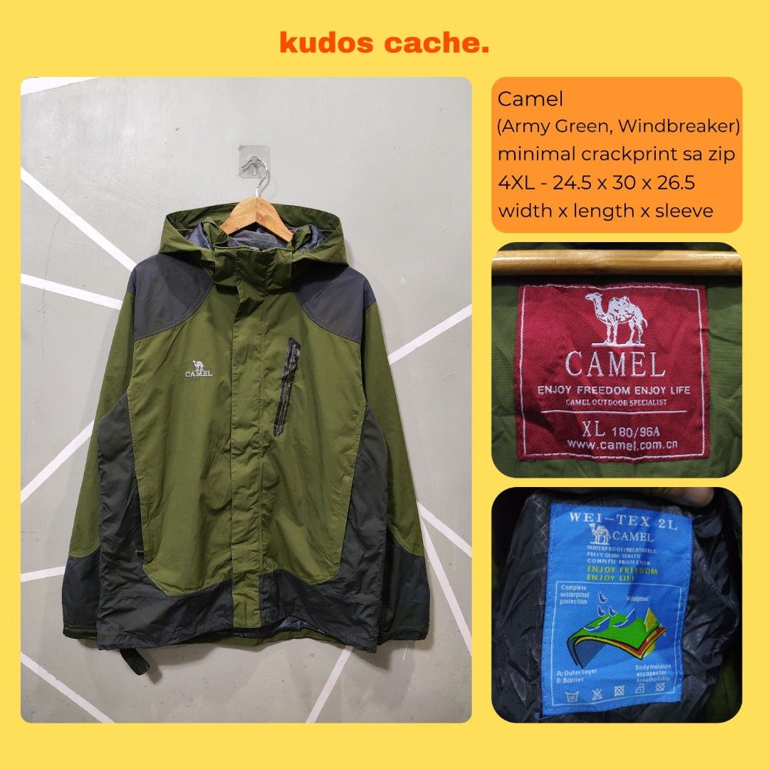 Camel Army Green Windbreaker Jacket (Category: Coats, Jackets and Outerwear) located in Rosales. Submitted by kudoscache (Listing ID 1470519501, Image 1). Description: - Brand: Camel - Width: 24.5| Length: 30 - Color: Army Green - slightly nego payment: maribank / gotyme courier: J&T.
