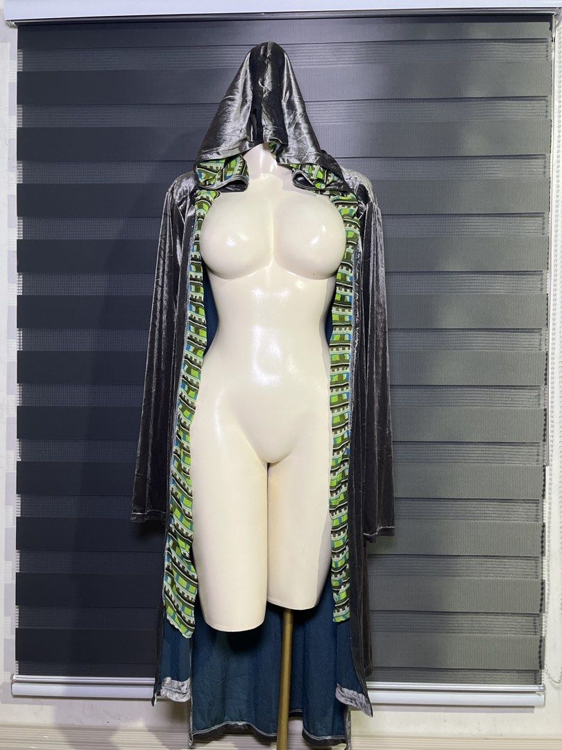 CAPE Grey Velvet Hooded Robe With Green Geometric Pattern Lining (Category: Coats, Jackets and Outerwear) located in Caloocan City. Submitted by unicakczxc (Listing ID 1470458587, Image 2). Description: CAPE Grey Velvet Hooded Robe With Green Geometric Pattern Lining One size fits all 299 ONLY - Color: Dark grey with vibrant green, blue, and black geometric inner lining - Material: Soft velvet texture - Design: Attached hood, open front, long sle