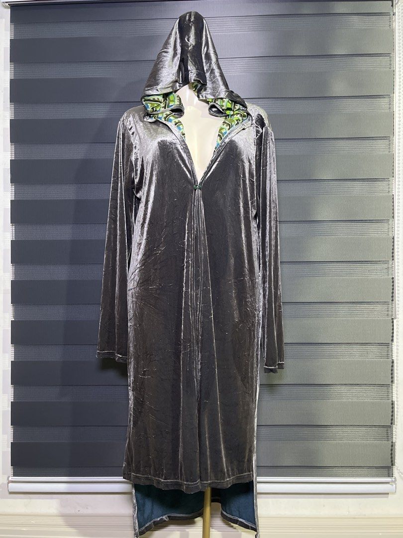CAPE Grey Velvet Hooded Robe With Green Geometric Pattern Lining (Category: Coats, Jackets and Outerwear) located in Caloocan City. Submitted by unicakczxc (Listing ID 1470458587, Image 1). Description: CAPE Grey Velvet Hooded Robe With Green Geometric Pattern Lining One size fits all 299 ONLY - Color: Dark grey with vibrant green, blue, and black geometric inner lining - Material: Soft velvet texture - Design: Attached hood, open front, long sle