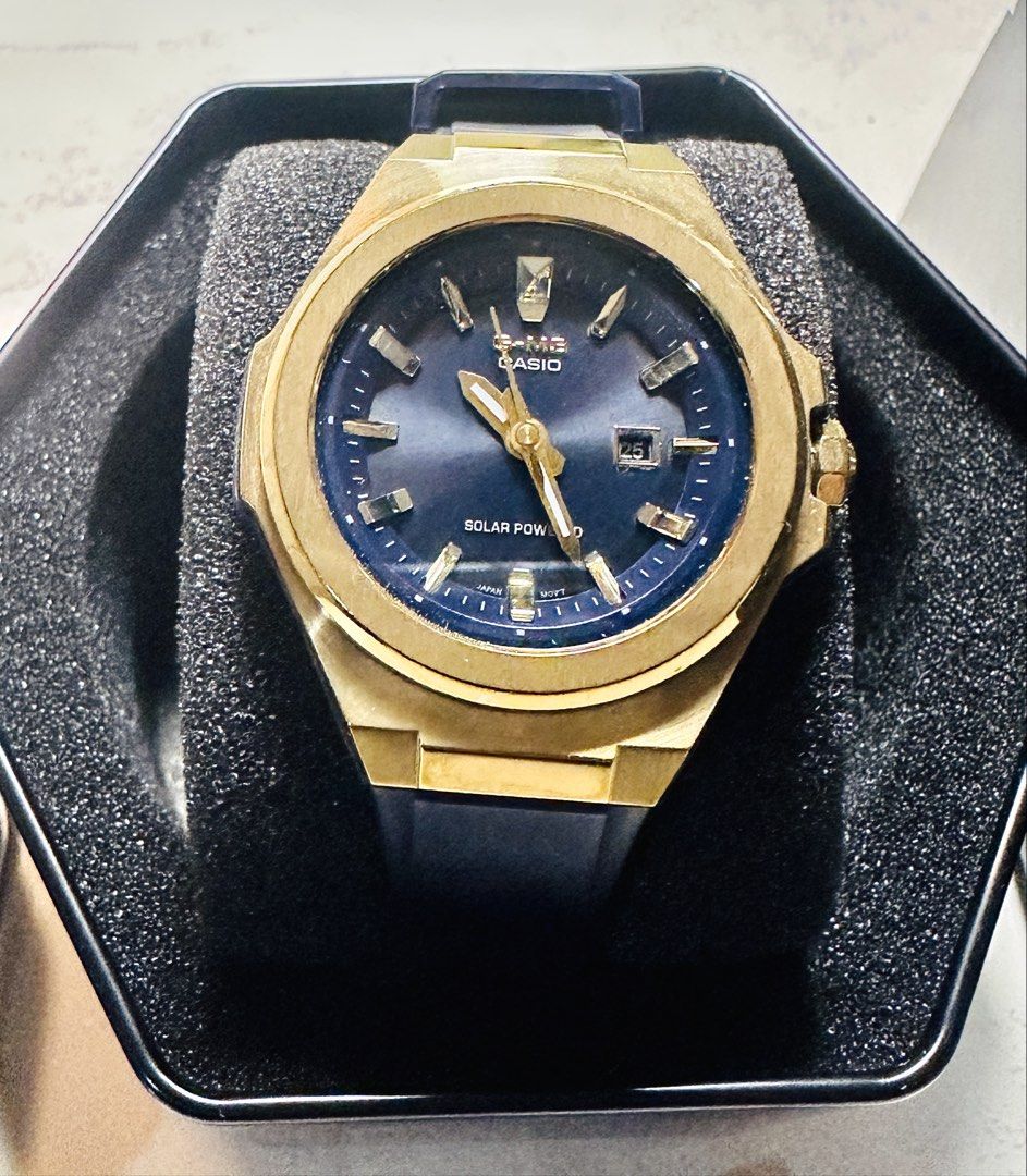 Casio G-MS MSG-S500G-2ADR Solar Powered Watch (Category: Women's Watches) located in Muntinlupa City. Submitted by clairebobot (Listing ID 1470503822, Image 1). Description: Casio G-MS solar powered watch, model MSG-S500G-2ADR. Gold tone bezel with dark blue dial and rubber strap. Includes original black presentation tin, outer box, manual, warranty card, and purchase receipt dated 12/8/2023 from Tokyo SM. Fully working order, kept in box..