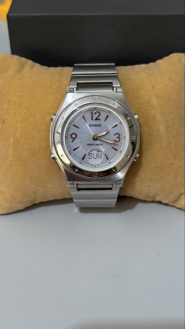 Casio Wave Ceptor Multi Band 5 Tough Solar Watch (Category: Men's Watches) located in Caloocan City. Submitted by thrift_genieee (Listing ID 1470404429, Image 2). Description: - Brand: Casio Wave Ceptor (Module 4739) - Dial: Analog-digital display with mother-of-pearl style face and rose gold numerals at 12, 3, and 9 - Features: Tough solar-powered and Multi Band 5 atomic timekeeping - Display: Small digital day display at the bottom - Materials: