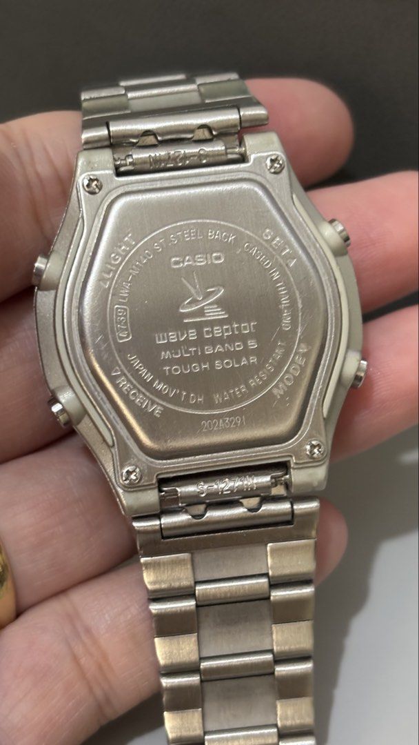 Casio Wave Ceptor Multi Band 5 Tough Solar Watch (Category: Men's Watches) located in Caloocan City. Submitted by thrift_genieee (Listing ID 1470404429, Image 3). Description: - Brand: Casio Wave Ceptor (Module 4739) - Dial: Analog-digital display with mother-of-pearl style face and rose gold numerals at 12, 3, and 9 - Features: Tough solar-powered and Multi Band 5 atomic timekeeping - Display: Small digital day display at the bottom - Materials: