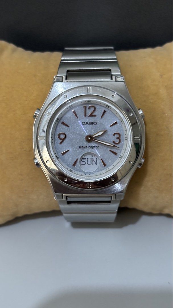 Casio Wave Ceptor Multi Band 5 Tough Solar Watch (Category: Men's Watches) located in Caloocan City. Submitted by thrift_genieee (Listing ID 1470404429, Image 1). Description: - Brand: Casio Wave Ceptor (Module 4739) - Dial: Analog-digital display with mother-of-pearl style face and rose gold numerals at 12, 3, and 9 - Features: Tough solar-powered and Multi Band 5 atomic timekeeping - Display: Small digital day display at the bottom - Materials: