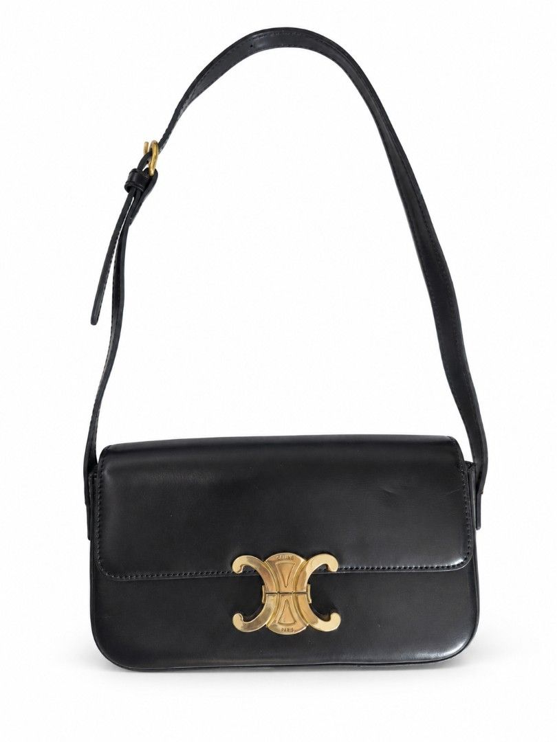 Celine Black Triomphe Shoulder Bag (Category: Luxury Bags & Wallets) located in Basud. Submitted by ClaireLavin (Listing ID 1470358197, Image 1). Description: Ukay Source, Coded but not guaranteed Issue: Strap, needs restitching please check photo Preloved condition, some scratches on hardware. .