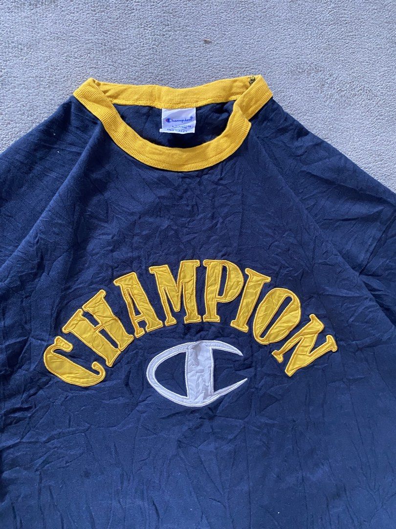 Champion script ringer Tee (Category: Tshirts & Polo Shirts ) located in Ozamiz City. Submitted by thriftnikael (Listing ID 1470514094, Image 3). Description: width: 23.5 length: 28 size: l on tag best fit xl Color rate: 10/10 Condition: 10/10 Issue: n/a.