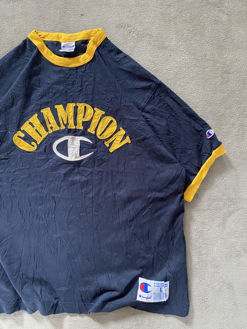 Champion script ringer Tee (Category: Tshirts & Polo Shirts ) located in Ozamiz City. Submitted by thriftnikael (Listing ID 1470514094, Image 2). Description: width: 23.5 length: 28 size: l on tag best fit xl Color rate: 10/10 Condition: 10/10 Issue: n/a.