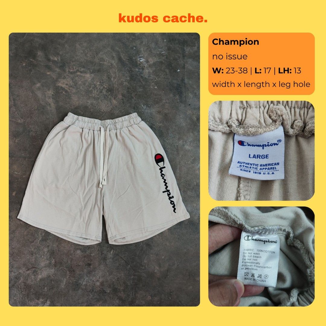 Champion Sweatshorts (Category: Shorts) located in Rosales. Submitted by kudoscache (Listing ID 1470442305, Image 1). Description: - Brand: Champion - Waist: 23-38 | Length: 17 - Color: Khaki / Beige - slightly nego payment: maribank / gotyme courier: J&T.
