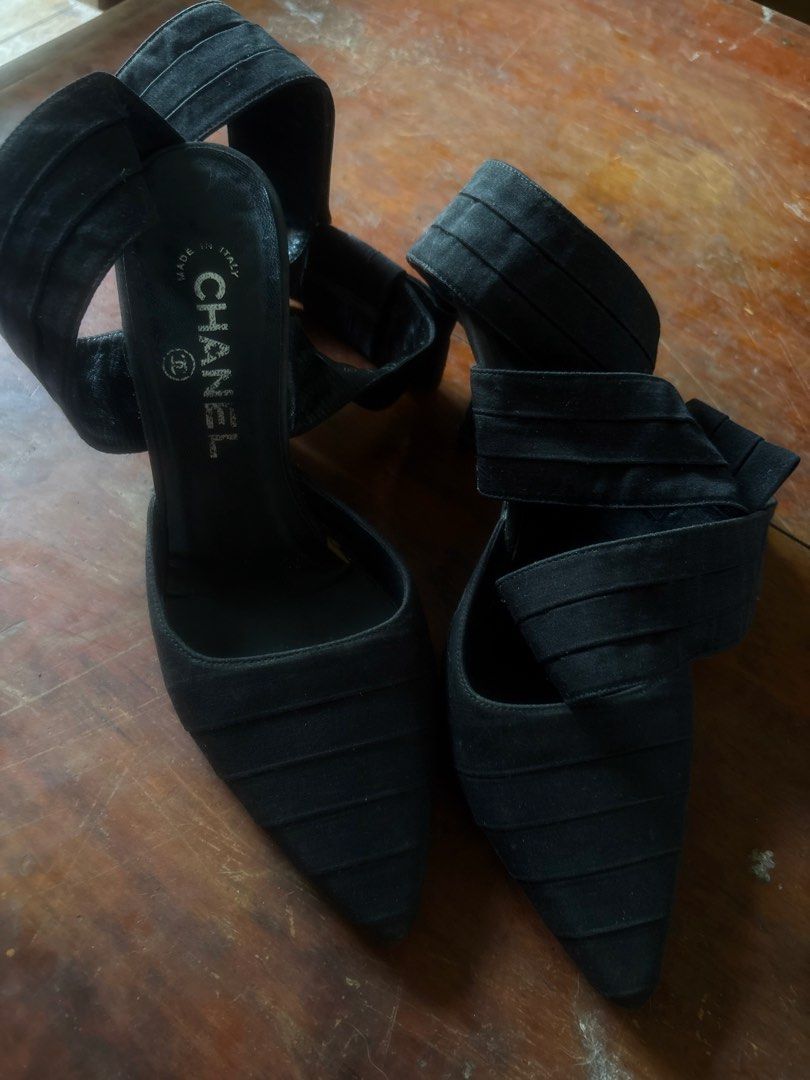 Chanel Black Pointed Toe Heels With Ankle Straps (Category: Heels) located in Quezon City. Submitted by mileena3 (Listing ID 1470437727, Image 1). Description: - Brand: Chanel - Color: Classic Black - Style: Pointed toe heels with unique ribbed multi-ankle straps - Detail: Small embroidered CC logo on the strap - Origin: Made in Italy - Condition: Excellent / Ready to wear.