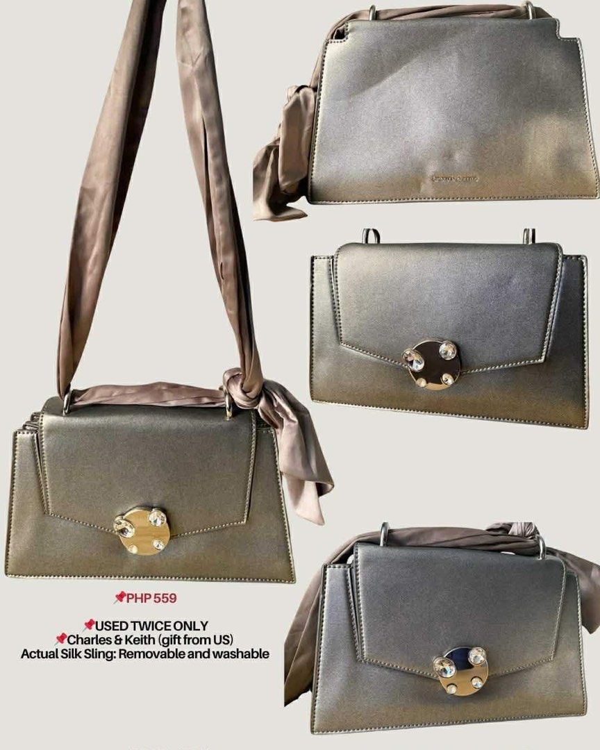 Charles & Keith Metallic Shoulder Bag with Silk Sling (Category: Shoulder Bags) located in Bacoor. Submitted by nova_ava (Listing ID 1470439038, Image 1). Description: - Brand: Charles & Keith (Authentic, gift from the US) - Condition: Used only twice, extremely clean inside and out - Design: Structured rectangular shape with a metallic finish - Closure: Front flap with a gorgeous decorative crystal-embellished round clasp - Strap: Includes a mat
