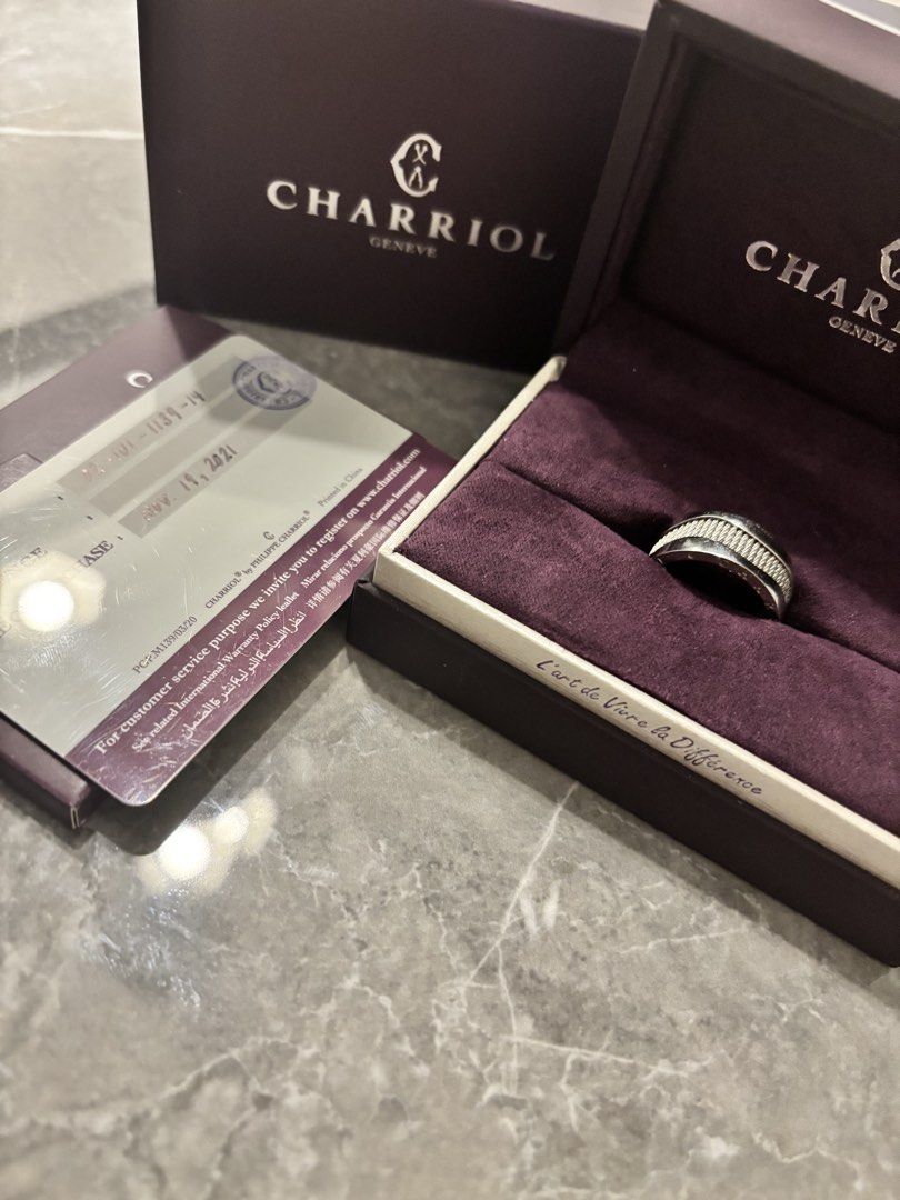 Charriol Geneva Ring with Original Box and Papers (Category: Rings) located in Quezon City. Submitted by mrsindio_bravo (Listing ID 1470522667, Image 2). Description: Charriol Geneva ring in silver tone. Includes branded purple presentation box and authenticity card dated November 19, 2021. Distinct textured cable design around the band. Timeless accessory from the luxury Swiss jewelry house. Stored securely in its original packaging..