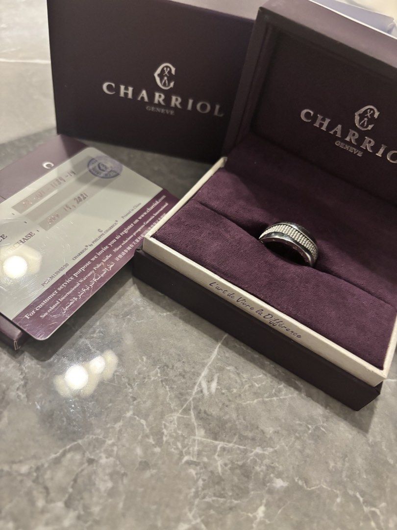 Charriol Geneva Ring with Original Box and Papers (Category: Rings) located in Quezon City. Submitted by mrsindio_bravo (Listing ID 1470522667, Image 3). Description: Charriol Geneva ring in silver tone. Includes branded purple presentation box and authenticity card dated November 19, 2021. Distinct textured cable design around the band. Timeless accessory from the luxury Swiss jewelry house. Stored securely in its original packaging..
