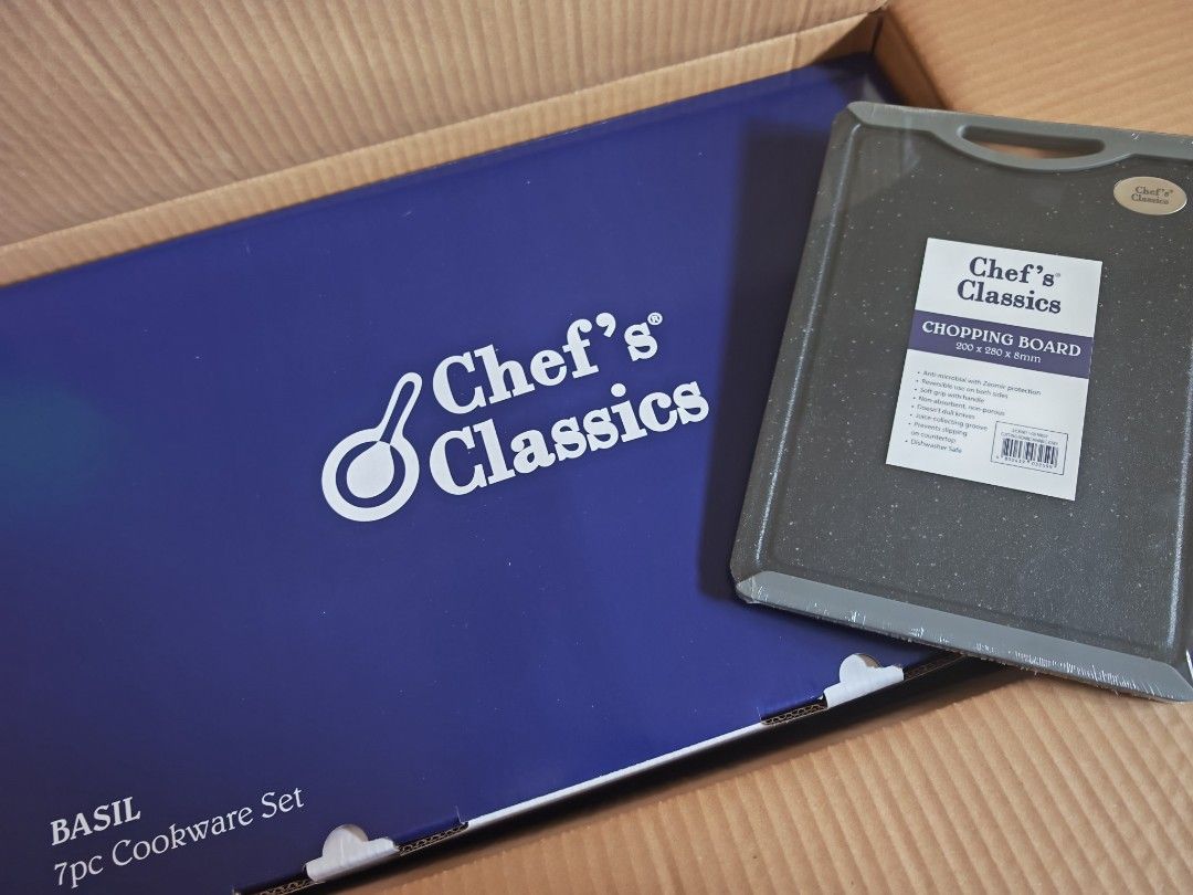 Chef's Classics Basil 7pc Cookware Set with Cutting Board (Category: Cookware & Accessories) located in Manila. Submitted by anj2123 (Listing ID 1470365121, Image 2). Description: - Brand: Chef's Classics (Basil Series) - Set includes: Casserole, saucepans, frying pan, and glass lids - Material: Mirror-finished 18/10 stainless steel with riveted die-cast handles - Base: 5mm induction bottom (works on all stove types) - Feature: Oven safe (without