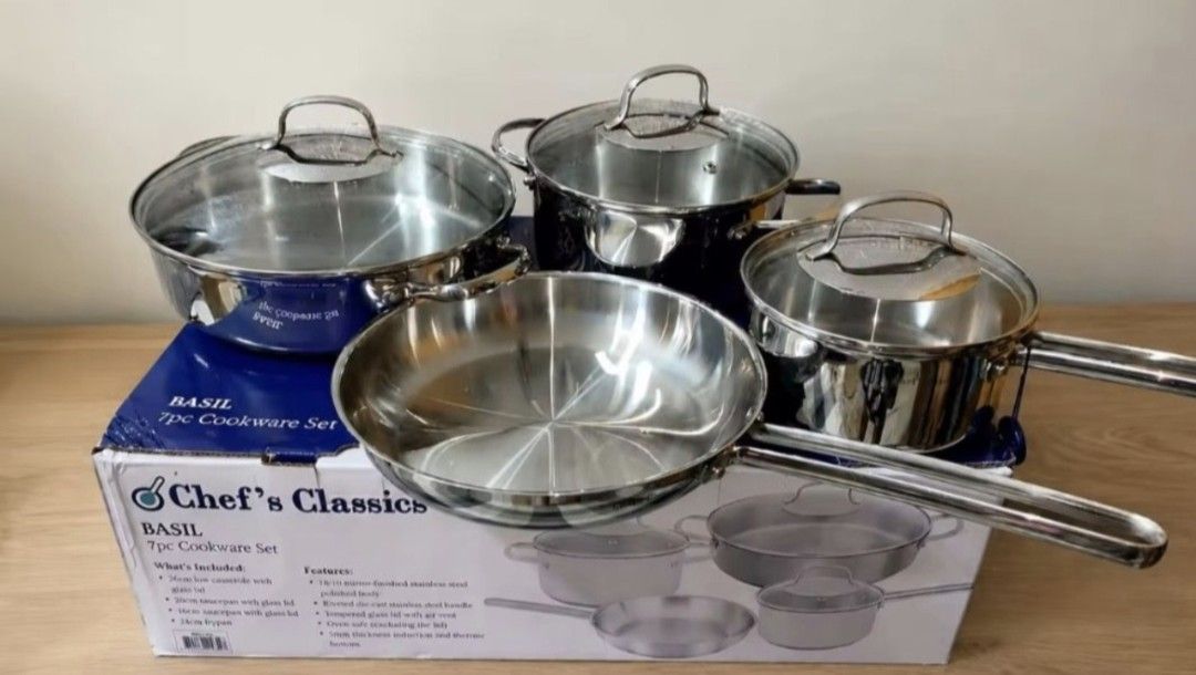 Chef's Classics Basil 7pc Cookware Set with Cutting Board (Category: Cookware & Accessories) located in Manila. Submitted by anj2123 (Listing ID 1470365121, Image 3). Description: - Brand: Chef's Classics (Basil Series) - Set includes: Casserole, saucepans, frying pan, and glass lids - Material: Mirror-finished 18/10 stainless steel with riveted die-cast handles - Base: 5mm induction bottom (works on all stove types) - Feature: Oven safe (without