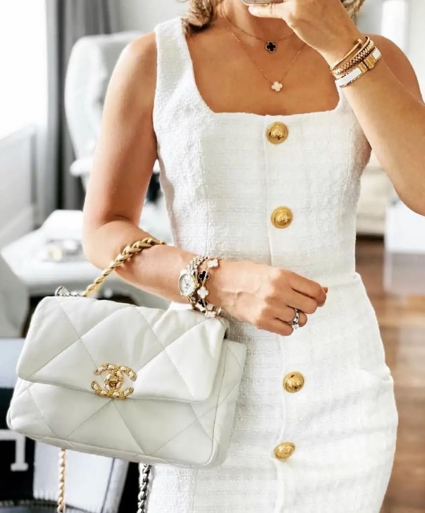 Chanel 19 Flap Bag White Quilted Leather (Category: Shoulder Bags) located in Caloocan City. Submitted by mylove326 (Listing ID 1470362533, Image 2). Description: - Bold quilted pattern with oversized diamonds - Mixed gold-tone chain and leather handle - Classic CC twist lock front closure - Soft structured shape for everyday elegance - Perfect luxury staple for daily use - Message us for more details and availability.