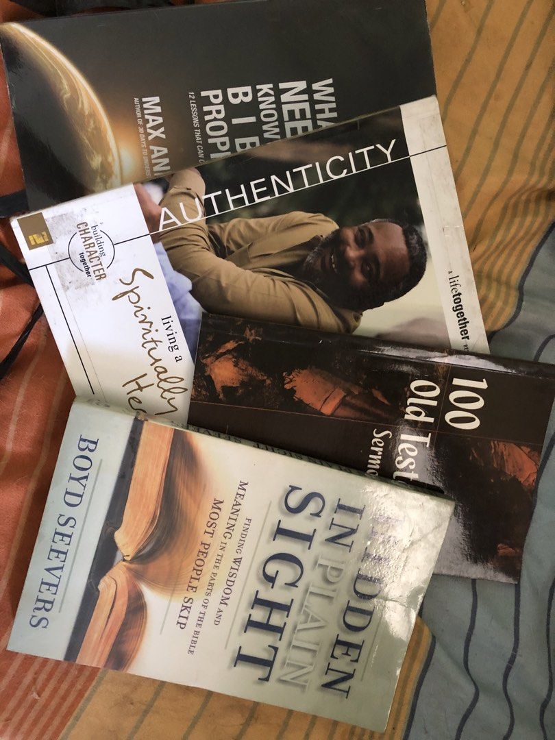 Christian and Bible Study Book Bundle (4 Books) (Category: Religion Books) located in Muntinlupa City. Submitted by kitty_meow87 (Listing ID 1470405271, Image 1). Description: - Set of 4 Christian books sold together tied with a ribbon - Includes: Hidden in Plain Sight, What You Need to Know About Bible Prophecy, Authenticity, and 100 Old Testament Sermon Outlines - Publishers: Thomas Nelson, Zondervan, and Bethany House - Ideal for Bible study, 