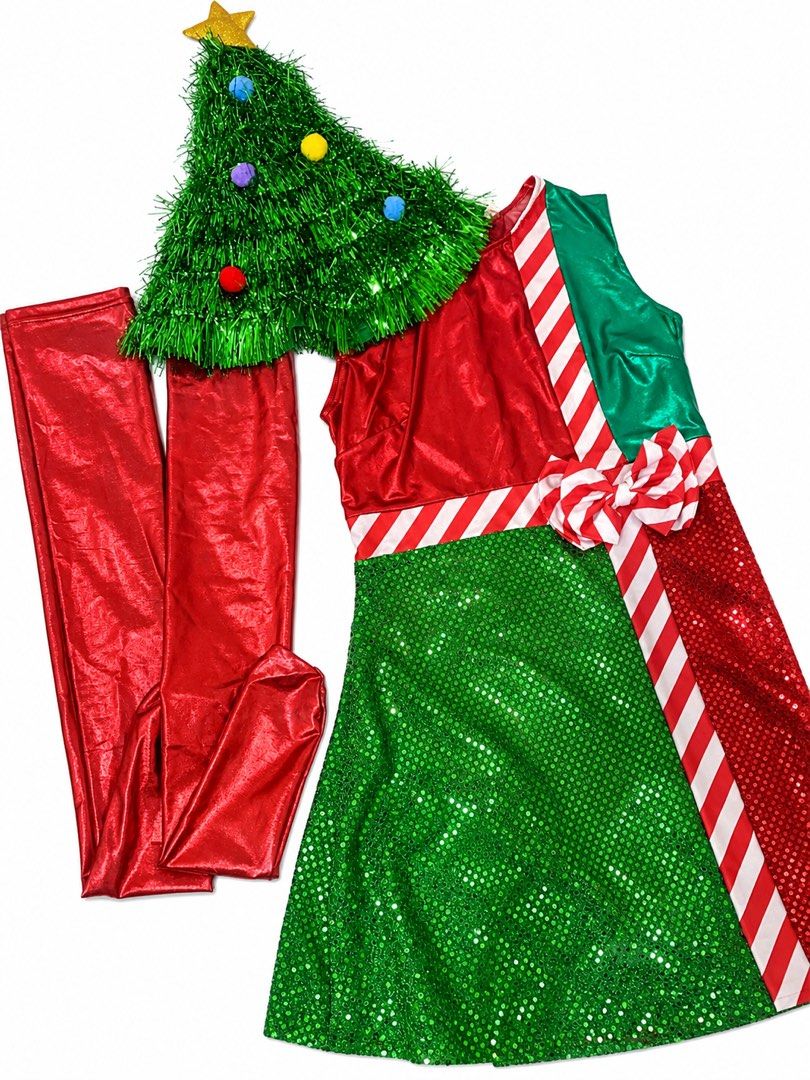 Christmas Tree Ensemble Inspo Dress (Category: Sets or Coordinates) located in Manila. Submitted by rhenalynx_ (Listing ID 1470492909, Image 1). Description: - Complete Christmas elf costume set including dress, leggings, and hat - Features a sleeveless green and red sequin dress with belt details - Includes shiny metallic red leggings and candy cane stripe ribbon accents - Comes with a matching tinsel tree hat topped with pom-poms and a gold sta