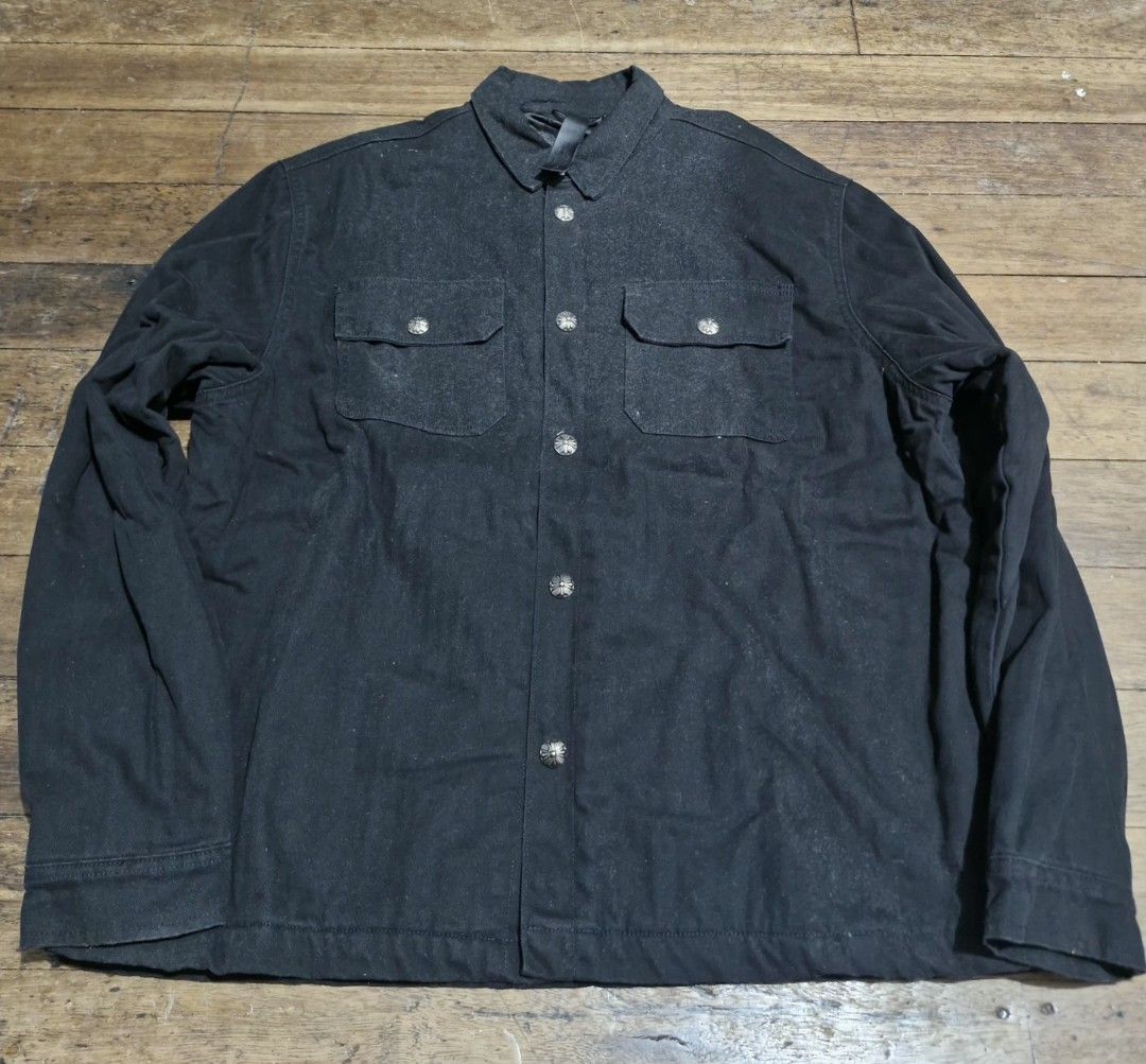 Chrome Hearts Jacket (Category: Coats, Jackets and Outerwear) located in Manila. Submitted by blackstarharpoon (Listing ID 1470527169, Image 1). Description: - Color: Black - Style: Long sleeve with classic collar and front placket - Pockets: Two chest pockets with button flaps - Details: Eye-catching silver decorative buttons - Material: Premium heavyweight cotton - Condition: Excellent, ideal for daily casual wear need wash due to long storage 