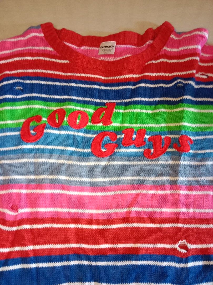 Chucky costume (Category: Coats, Jackets and Outerwear) located in Cavite. Submitted by kabiteboy (Listing ID 1470353993, Image 3). Description: Halloween Chucky Good Guys Distressed Striped Knit Sweater.