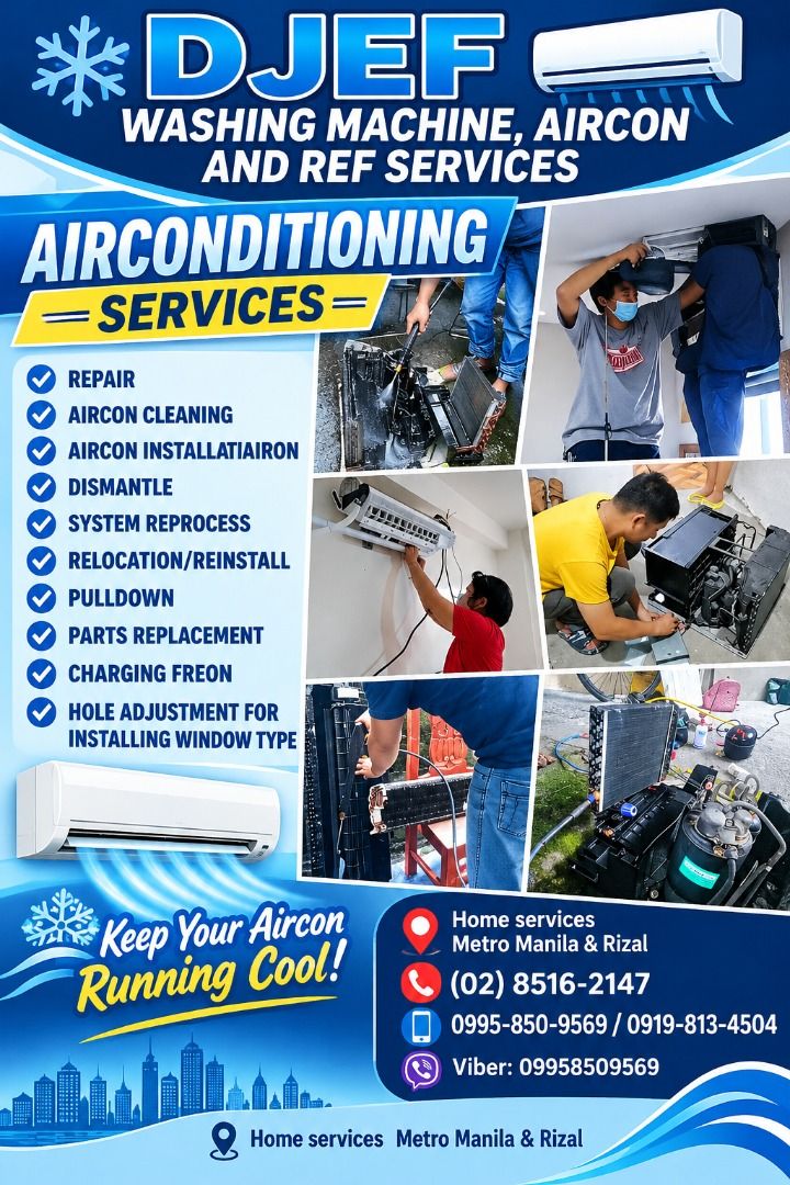 CLEANING AND REPAIR / INSTALL/ DISMANTLE/ RELOCATION / PULLDOWN/ RECHARGE FREON (Category: Air Conditioning and Heating) located in Manila. Submitted by djef.serves_2022 (Listing ID 1470493940, Image 1). Description: WE ACCEPPT ANY TYPE AND BRAND OF AIRCONDITIONING UNIT FOR CLEANING OR REPAIR SERVICES .