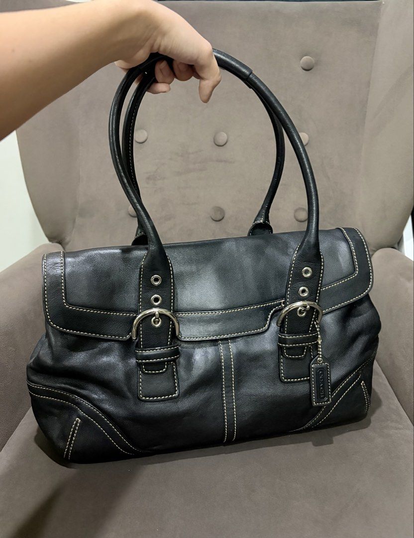 Coach 9636 Leather Soho Flap Tote Bag (Category: Luxury Bags & Wallets) located in Manila. Submitted by hiraimomos (Listing ID 1470459609, Image 1). Description: authentic Coach leather handbag ‼️ - has stamped creed patch with serial number - clean interior fabric and well-maintained condition - no issues or scratches .