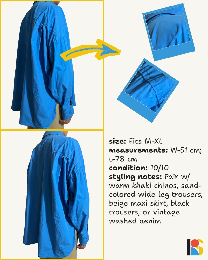 Cobalt Blue Oversized Button Down Shirt / Statement Draped Collar Long Sleeve Polo (Category: Shirts) located in Alabel. Submitted by brieflyavailable (Listing ID 1470420107, Image 2). Description: Color: Vibrant Cerulean / Cobalt Blue Fabric & Feel: Crisp, lightweight cotton-poplin weave; breathable, smooth against the skin, and holds its architectural drape Size & Fit: Roomy, genderless/unisex oversized fit with deep drop shoulders and a billow
