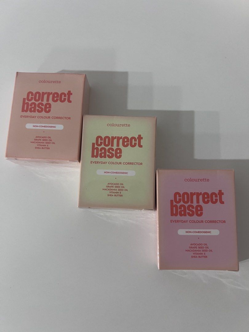 Colurette Correct Base Everyday Colour Corrector (Category: Makeup) located in Manila. Submitted by offthelabelmnl (Listing ID 1468111485, Image 2). Description: Colourette Correct Base everyday colour corrector - Shade: Light Peach, Green, Pink - Condition: Brand new, still sealed in plastic wrapping, unopened and untouched - Formula: Non-comedogenic, infused with avocado oil, grape seed oil, macadamia seed oil, vitamin E, and shea butter Exp: 2