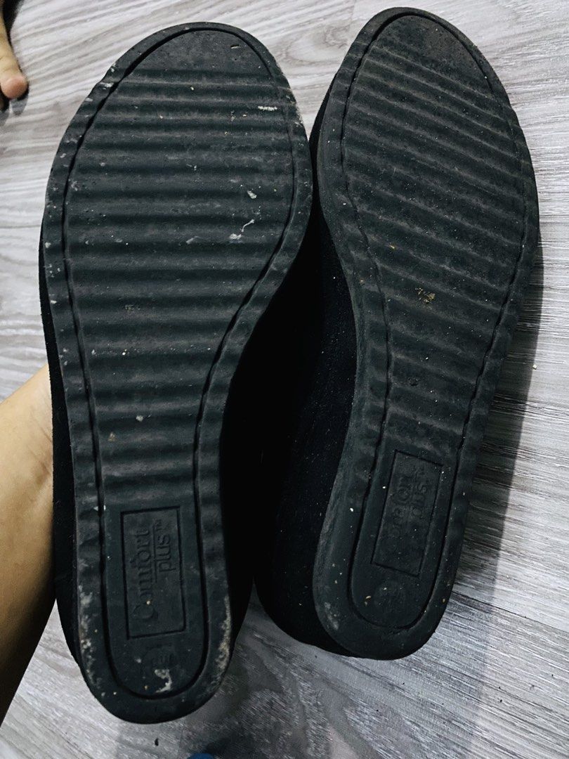 Comfort Plus Black Wedges Heels (Category: Wedges) located in Caloocan City. Submitted by lovemyclothes21 (Listing ID 1470455598, Image 2). Description: - Brand/Model: Comfort Plus black wedge heels - Style: Closed-toe slip-on, simple and classic - Comfort: Features soft cushioned insoles - Versatility: Easy to pair with both work outfits and casual wear - Condition: Soles show light dirt from walking.