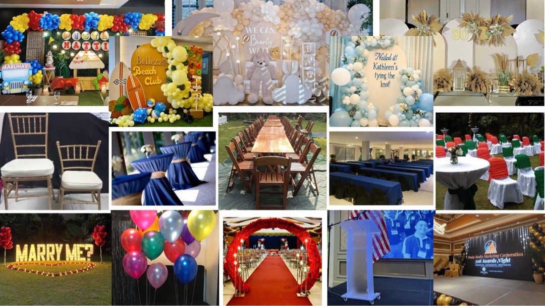 Complete Event Styling and Party Setup Services 09231837637 (Category: Occasions & Party Supplies) located in Quezon City. Submitted by kristinecarranza (Listing ID 1470399600, Image 1). Description: - All-in-one event setup for birthdays, weddings, corporate nights, and celebrations - Includes balloon arches, themed backdrops, tables, chairs, red carpets, marquee letters, and stage decor - Available color schemes: Blue, Yellow, White, and Red - 