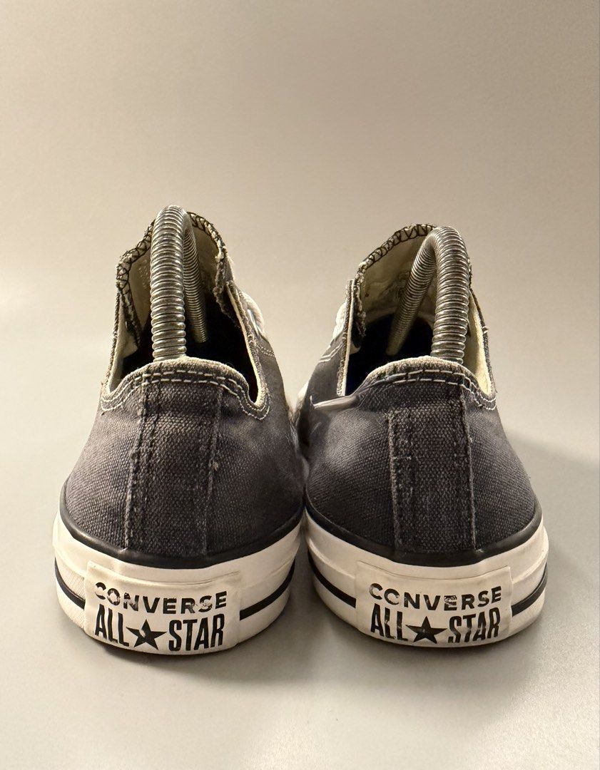 Converse All Star Low Top Charcoal Grey Sneakers (Category: Sneakers) located in Quezon City. Submitted by markieexp (Listing ID 1470460802, Image 3). Description: - Brand: Converse All Star - Style: Low top sneakers - Color: Charcoal grey with white and black details - Size: Men's 7 - Condition: Minor wear visible on soles, overall great shape - Classic canvas upper and durable rubber outsole - Ready to ship / Meet-ups available.