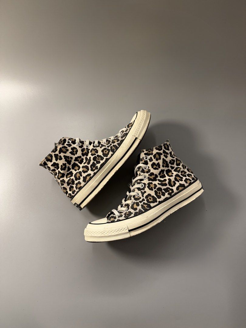 Converse Chuck 70 Hi Leopard Print Sneakers (Category: Sneakers) located in Caloocan City. Submitted by maempenafi21452 (Listing ID 1470461737, Image 1). Description: - Model: Converse Chuck 70 High Top - Design: Bold leopard print canvas upper - Details: Off-white rubber midsoles, black foxing stripes, and classic All Star heel license plates - Condition: Great pre-loved condition, brown rubber outsoles with minimal wear - Size: Men's US 8 / Wom