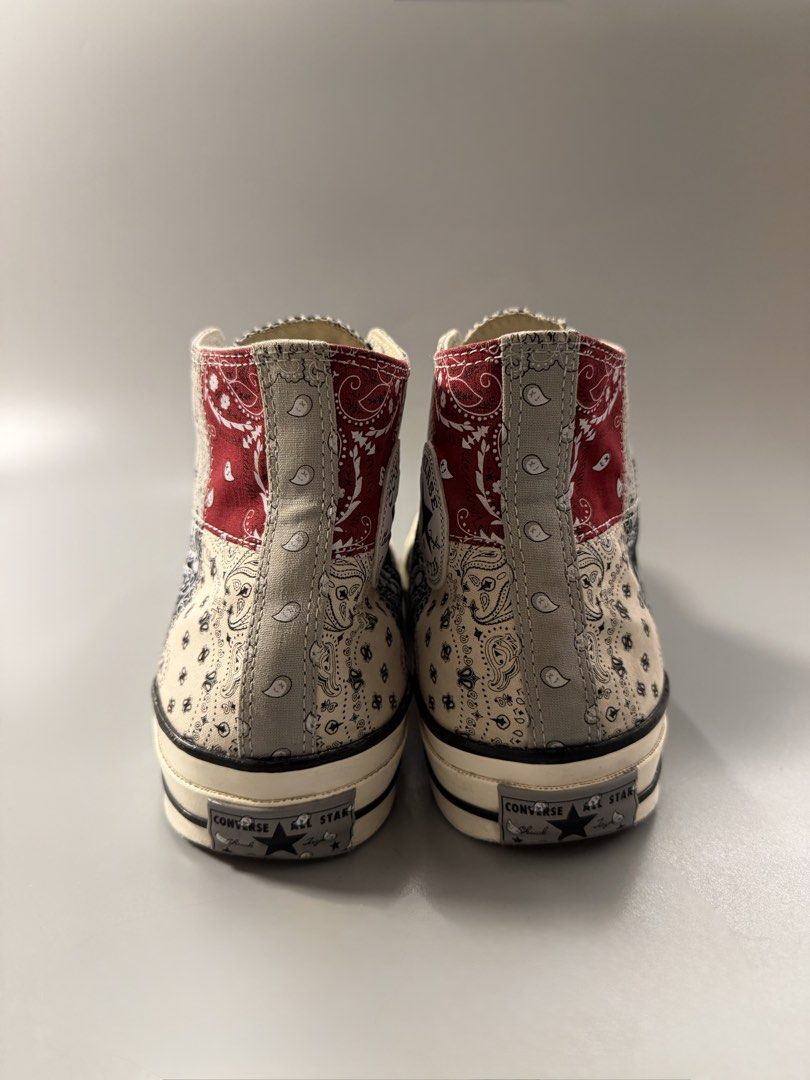Converse Chuck 70 High Paisley Patchwork (Category: Sneakers) located in Quezon City. Submitted by markieexp (Listing ID 1470460277, Image 3). Description: - Brand: Converse - Model: Chuck 70 High Top - Design: Paisley patchwork (Black, White, Grey, and Red patterns) - Size: Men's 8.5 / Women's 10.5 / UK 8.5 / EUR 42 / 270 - Condition: Excellent, clean outsoles with minimal wear - Details: Classic white rubber toe cap, contrast black midsole pipi