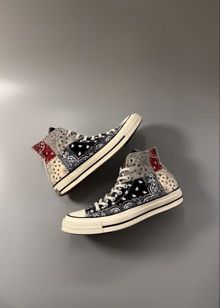 Converse Chuck 70 High Paisley Patchwork (Category: Sneakers) located in Quezon City. Submitted by markieexp (Listing ID 1470460277, Image 1). Description: - Brand: Converse - Model: Chuck 70 High Top - Design: Paisley patchwork (Black, White, Grey, and Red patterns) - Size: Men's 8.5 / Women's 10.5 / UK 8.5 / EUR 42 / 270 - Condition: Excellent, clean outsoles with minimal wear - Details: Classic white rubber toe cap, contrast black midsole pipi