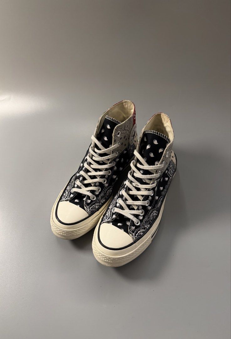 Converse Chuck 70 High Paisley Patchwork (Category: Sneakers) located in Quezon City. Submitted by markieexp (Listing ID 1470460277, Image 2). Description: - Brand: Converse - Model: Chuck 70 High Top - Design: Paisley patchwork (Black, White, Grey, and Red patterns) - Size: Men's 8.5 / Women's 10.5 / UK 8.5 / EUR 42 / 270 - Condition: Excellent, clean outsoles with minimal wear - Details: Classic white rubber toe cap, contrast black midsole pipi