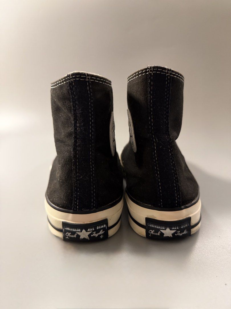 Converse Chuck 70 High Top Black Egret 10 (Category: Sneakers) located in Quezon City. Submitted by markieexp (Listing ID 1470460279, Image 3). Description: - Model: Converse Chuck 70 High Top - Color: Classic Black Canvas with Cream Laces - Size: Men's US 10 / Women's US 12 / EU 44 - Condition: Clean uppers, minimal wear on soles, comfortable cushioned insole - Details: Iconic vintage-style glossy rubber foxing tape and white midsole - Style: Ul