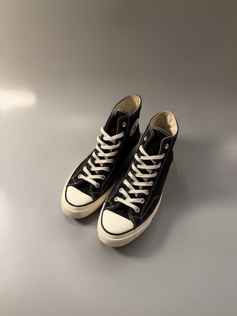 Converse Chuck 70 High Top Black Egret 10 (Category: Sneakers) located in Quezon City. Submitted by markieexp (Listing ID 1470460279, Image 2). Description: - Model: Converse Chuck 70 High Top - Color: Classic Black Canvas with Cream Laces - Size: Men's US 10 / Women's US 12 / EU 44 - Condition: Clean uppers, minimal wear on soles, comfortable cushioned insole - Details: Iconic vintage-style glossy rubber foxing tape and white midsole - Style: Ul